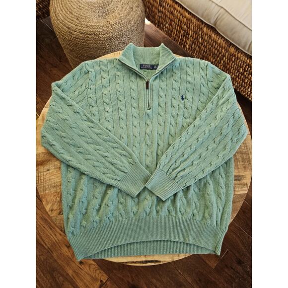 Polo Ralph Lauren Cable-Knit 100% Silk Jumper Sweater Men's 2XL 1/4 Zip Logo - Picture 1 of 9